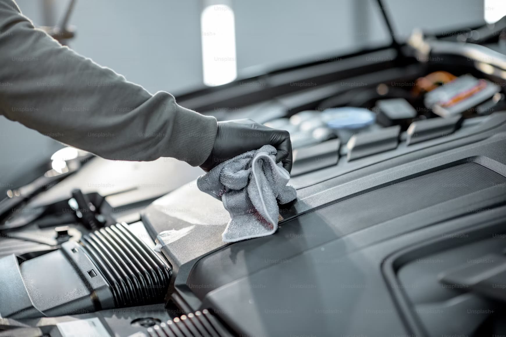 Detailer wiping down a clean engine bay